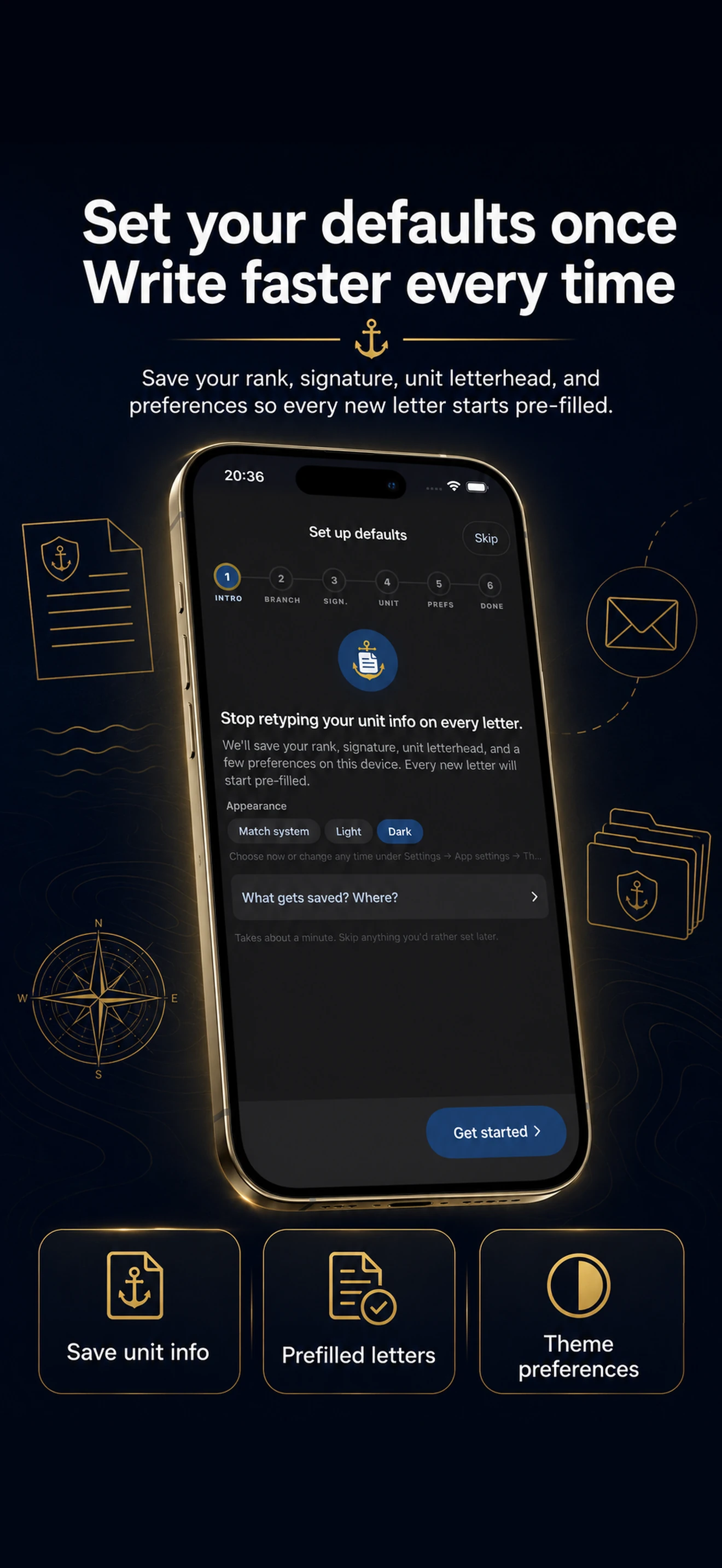 Set your defaults once: save your rank, signature, and unit so every letter starts pre-filled