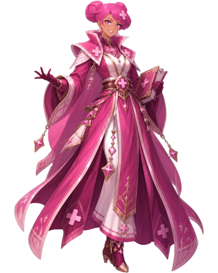 Addy, the Weaver, in rose-gold robes marked with plus signs