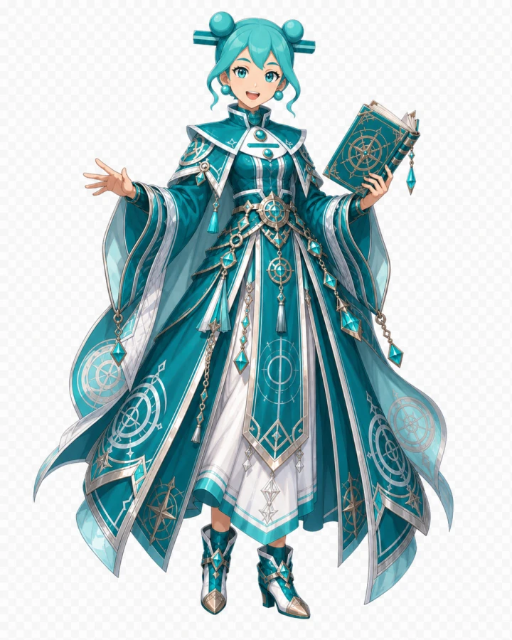 Devi, the Geomancer, robed and bearing the division sign
