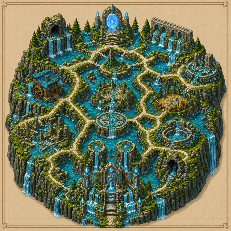 The Splitting Falls, an isometric world map