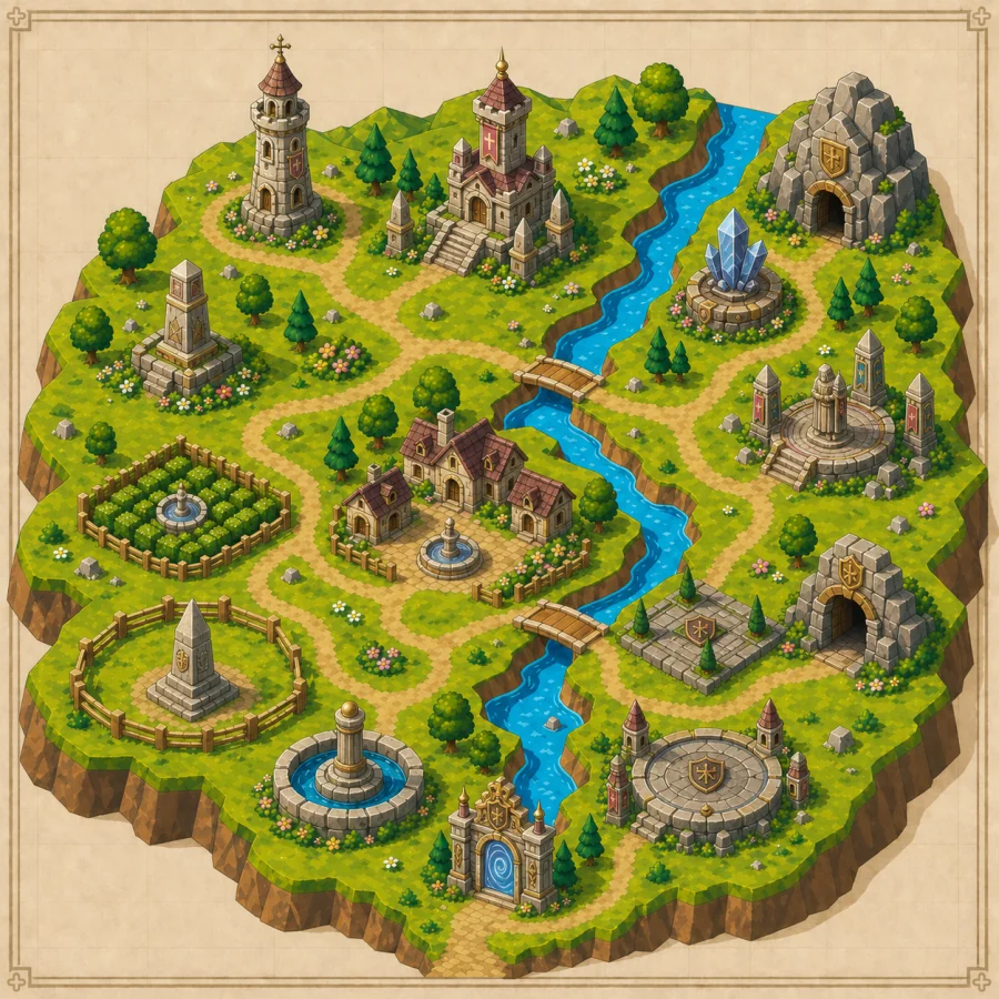 The Sum Plains, an isometric world map of fifteen lands
