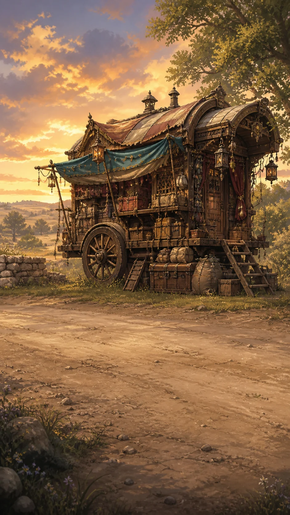 Maktoub's caravan at golden hour, the in-game shop and lore codex