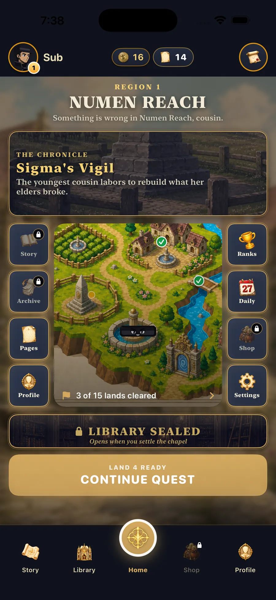 Numera Saga region hub for Numen Reach with the Chronicle and quest progress