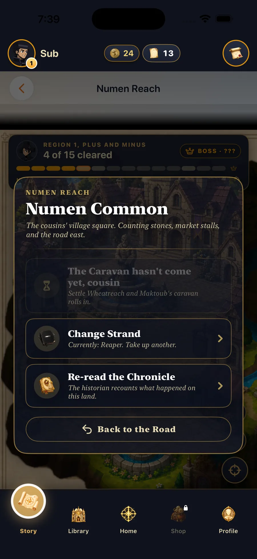 Numera Saga town screen at Numen Common with Chronicle and Strand options
