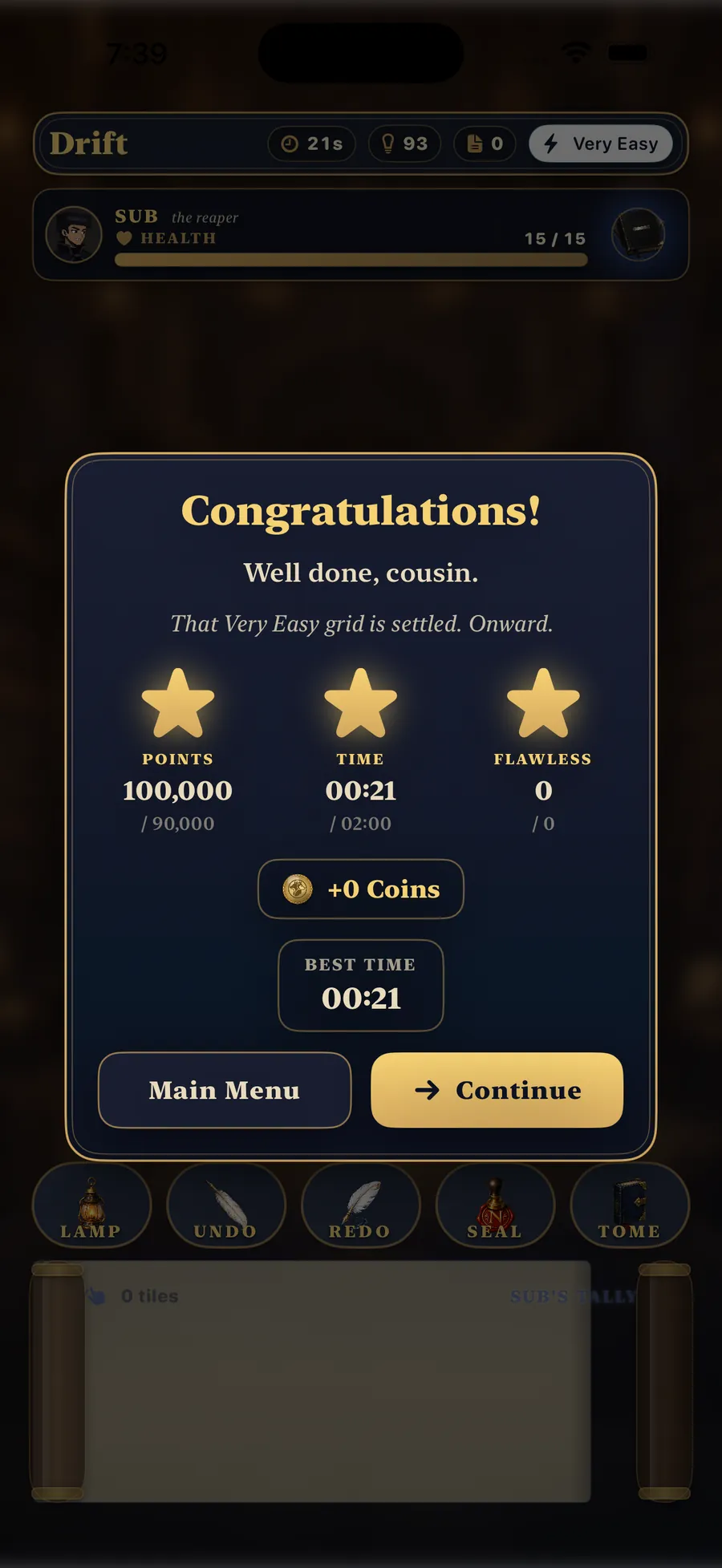 Numera Saga puzzle victory screen with star ratings, no timer or fail state