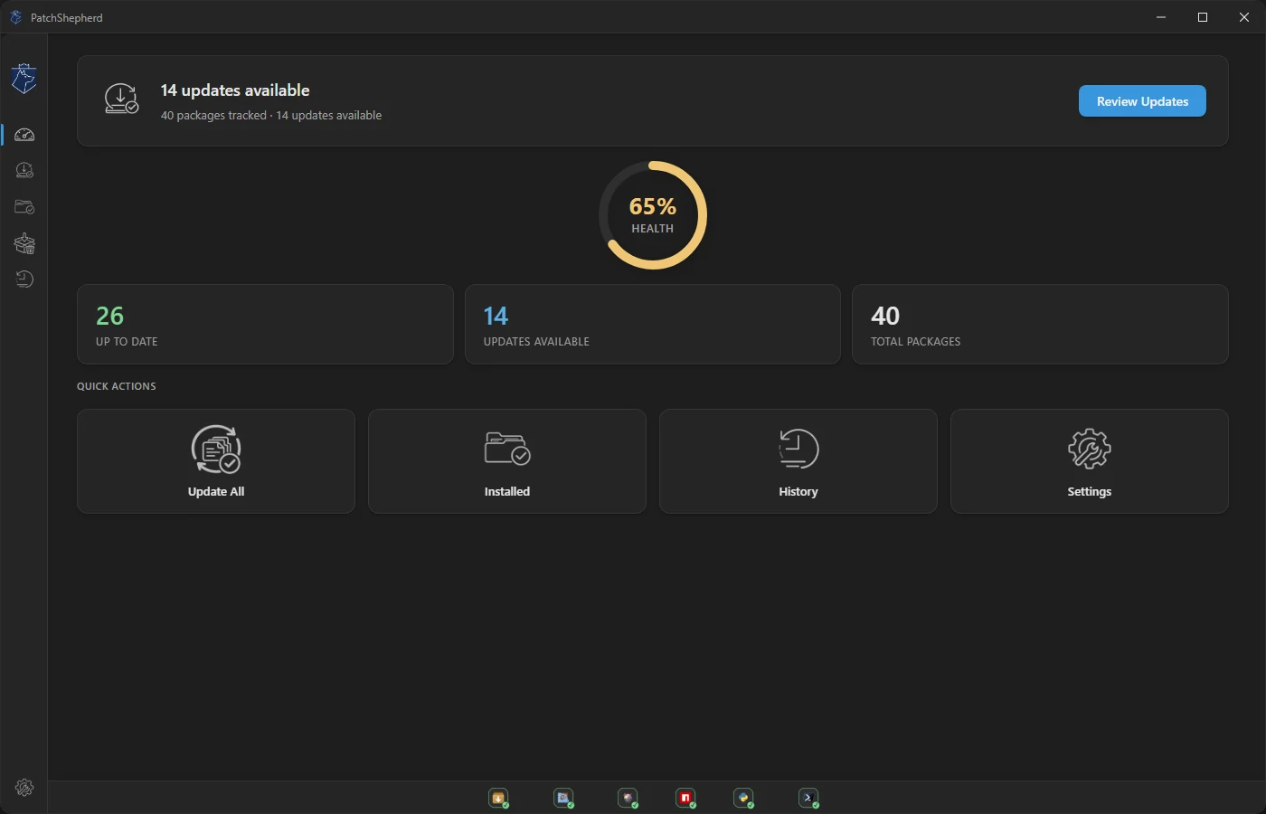 PatchShepherd dashboard with a health ring and quick actions