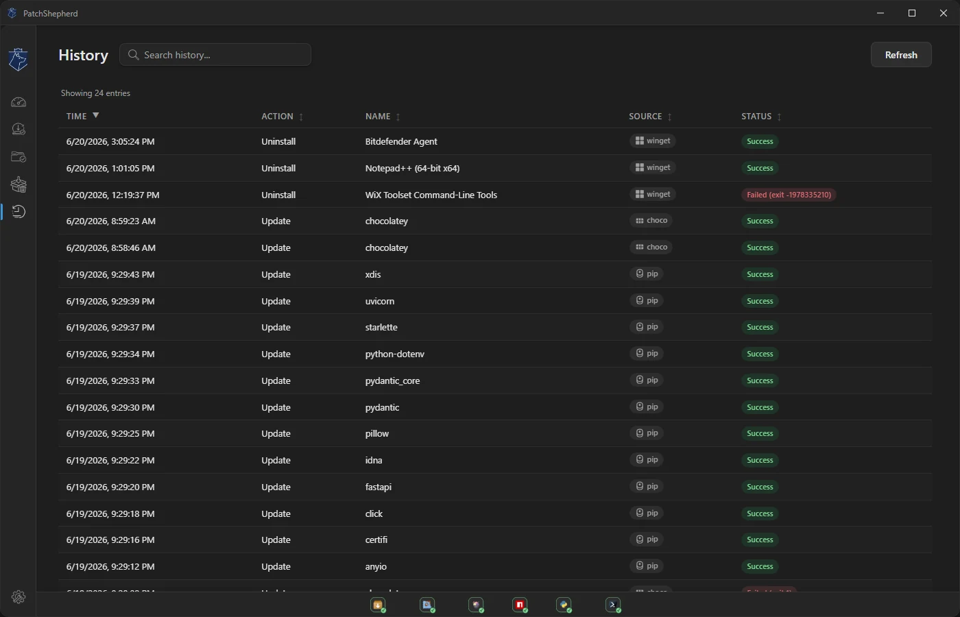 PatchShepherd history view with a full audit trail of updates, installs, and uninstalls