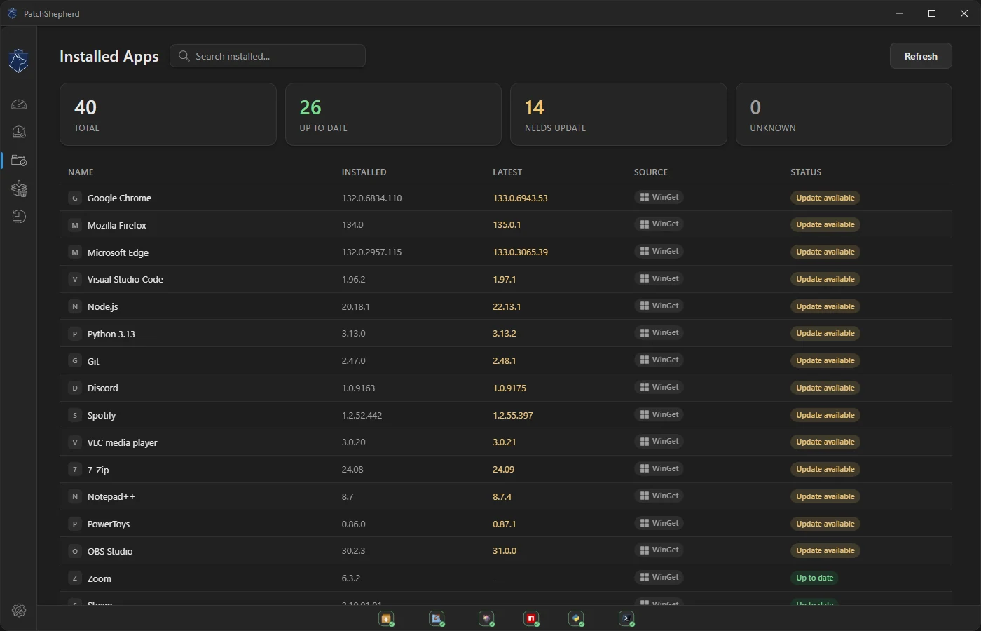 PatchShepherd installed apps inventory showing installed versus latest versions