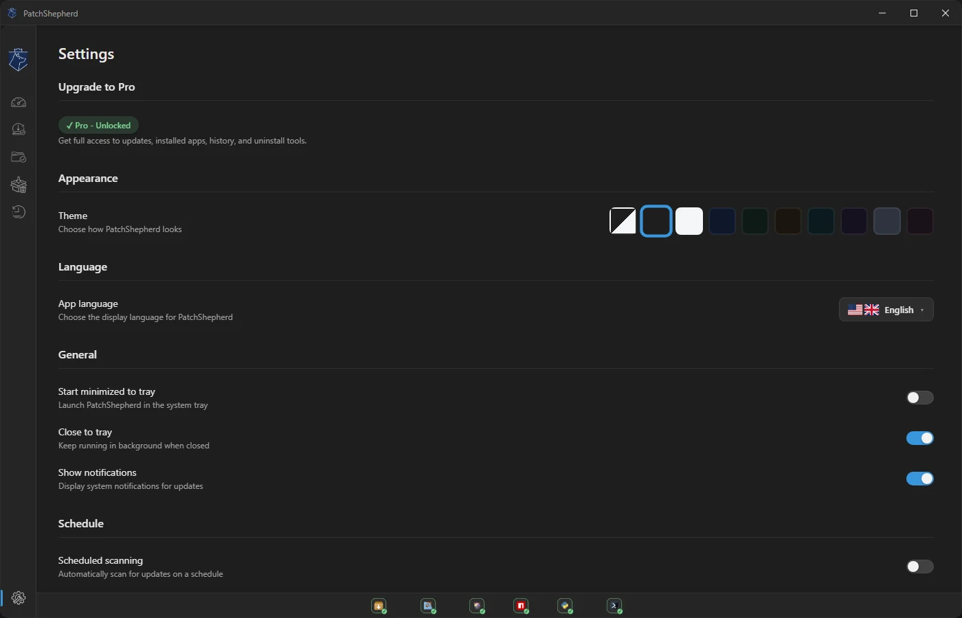 PatchShepherd settings with ten themes, language selection, and scheduling