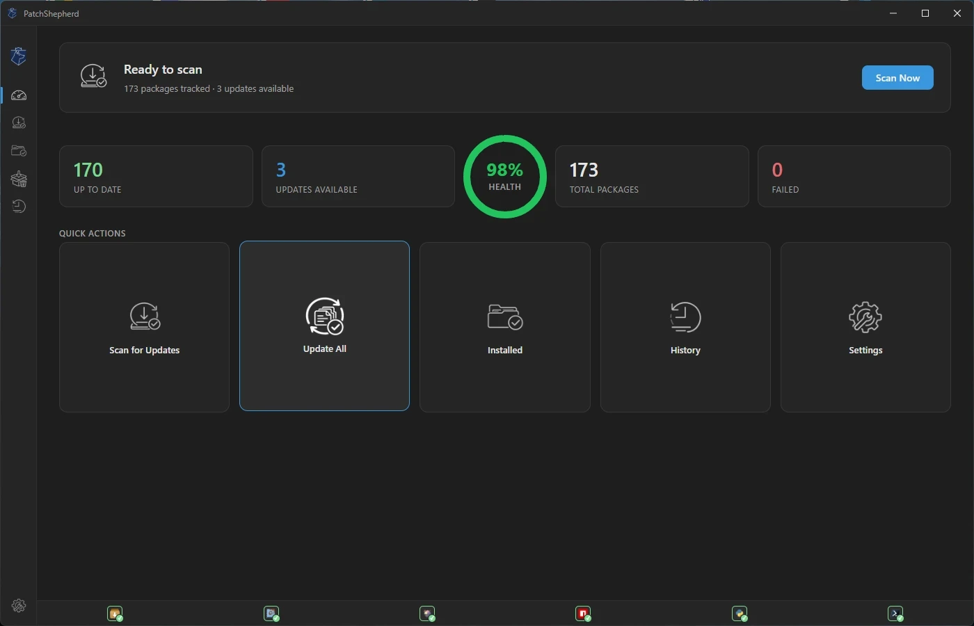 PatchShepherd dashboard with health score and quick actions