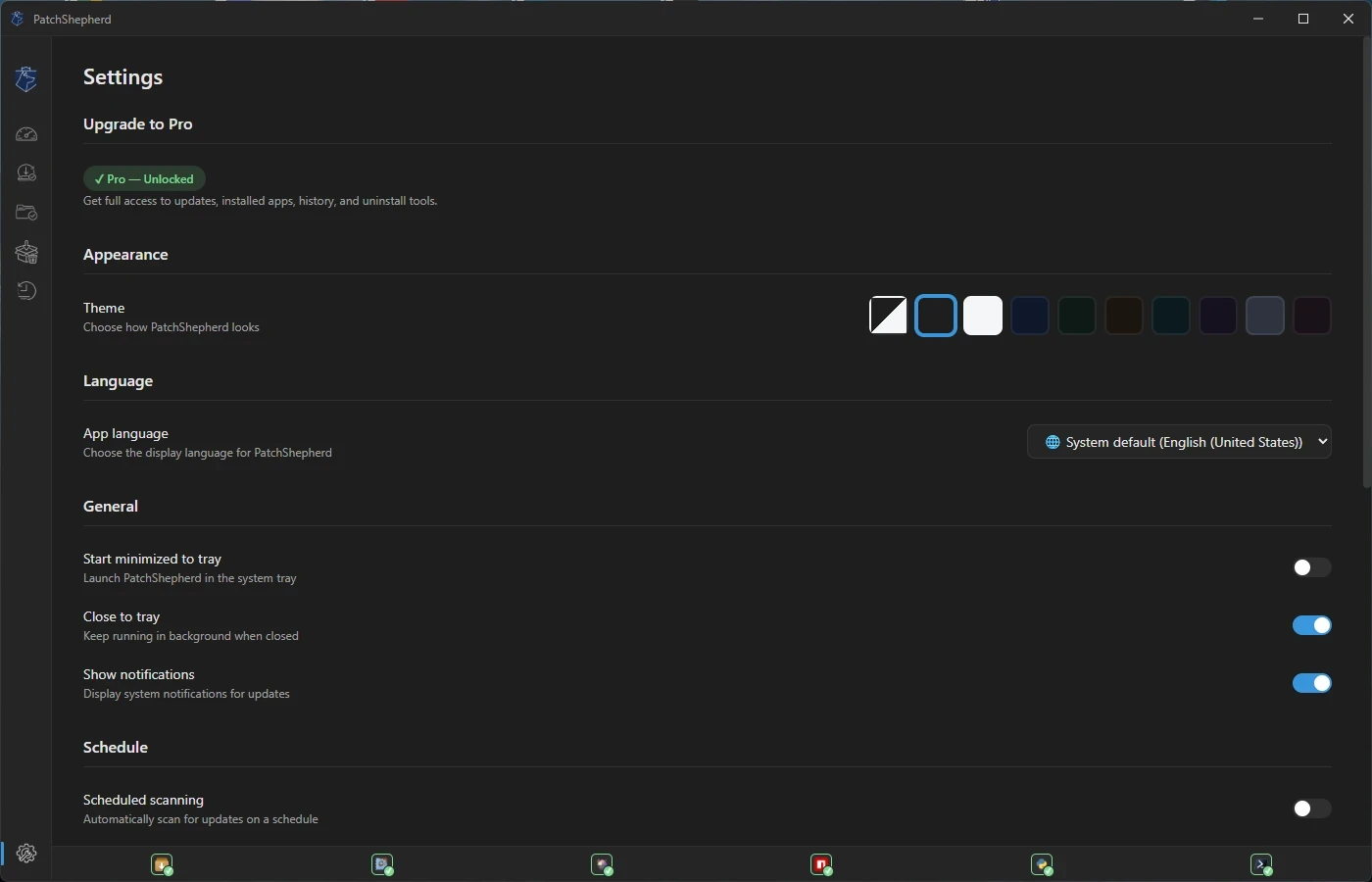 PatchShepherd settings with themes, language, and scheduling