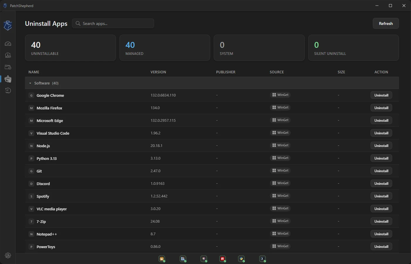 PatchShepherd bulk uninstall view listing installed apps by source