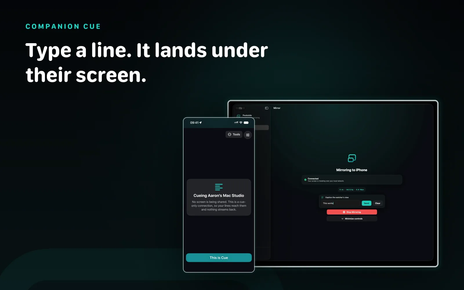 Peekside on macOS showing a Companion Cue line displayed along the bottom of the watched screen