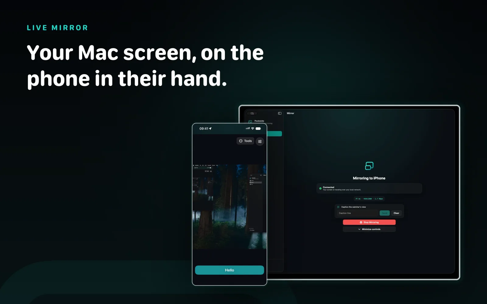 Peekside on macOS showing a live mirrored iPhone screen in a window with the connection readout visible
