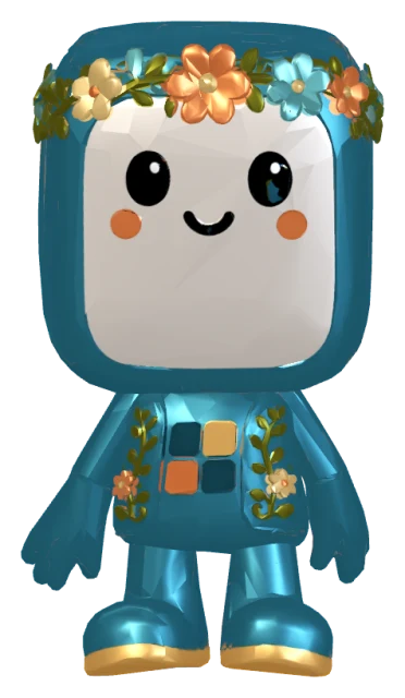 Pip in the Spring theme, wearing a flower crown with a leafy sprig on the tunic