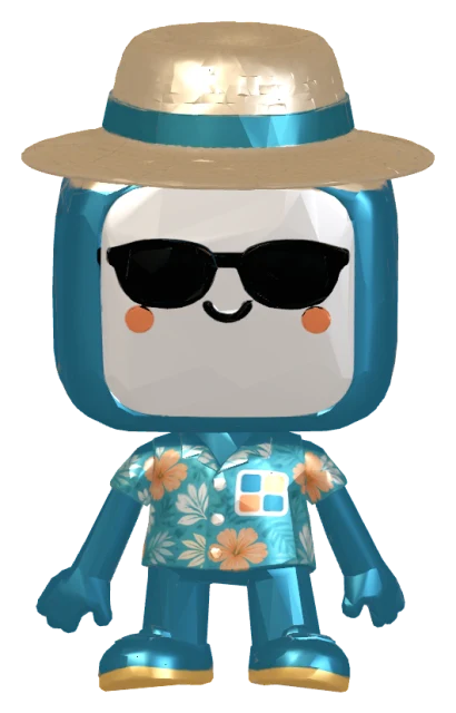 Pip in the Summer theme, in a straw sun hat, sunglasses, and a floral shirt