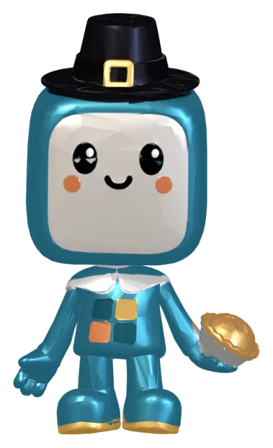 Pip in the Thanksgiving theme, in a buckled pilgrim hat and white collar, carrying a pie