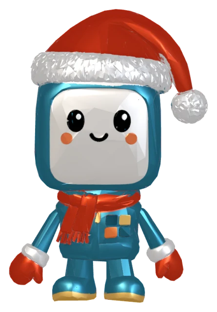 Pip in the Winter theme, in a red Santa hat with a white fur brim, a red scarf, and red mittens