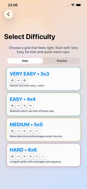 The difficulty picker, from a gentle three by three up to a six by six carrying averages and squares