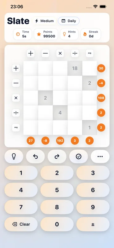 A SumSquare grid with operations down the left edge, target answers down the right, and a number pad below