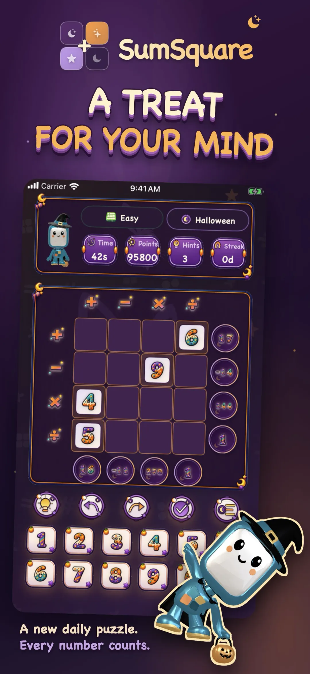 A SumSquare math grid with number tiles, operations, and target answers