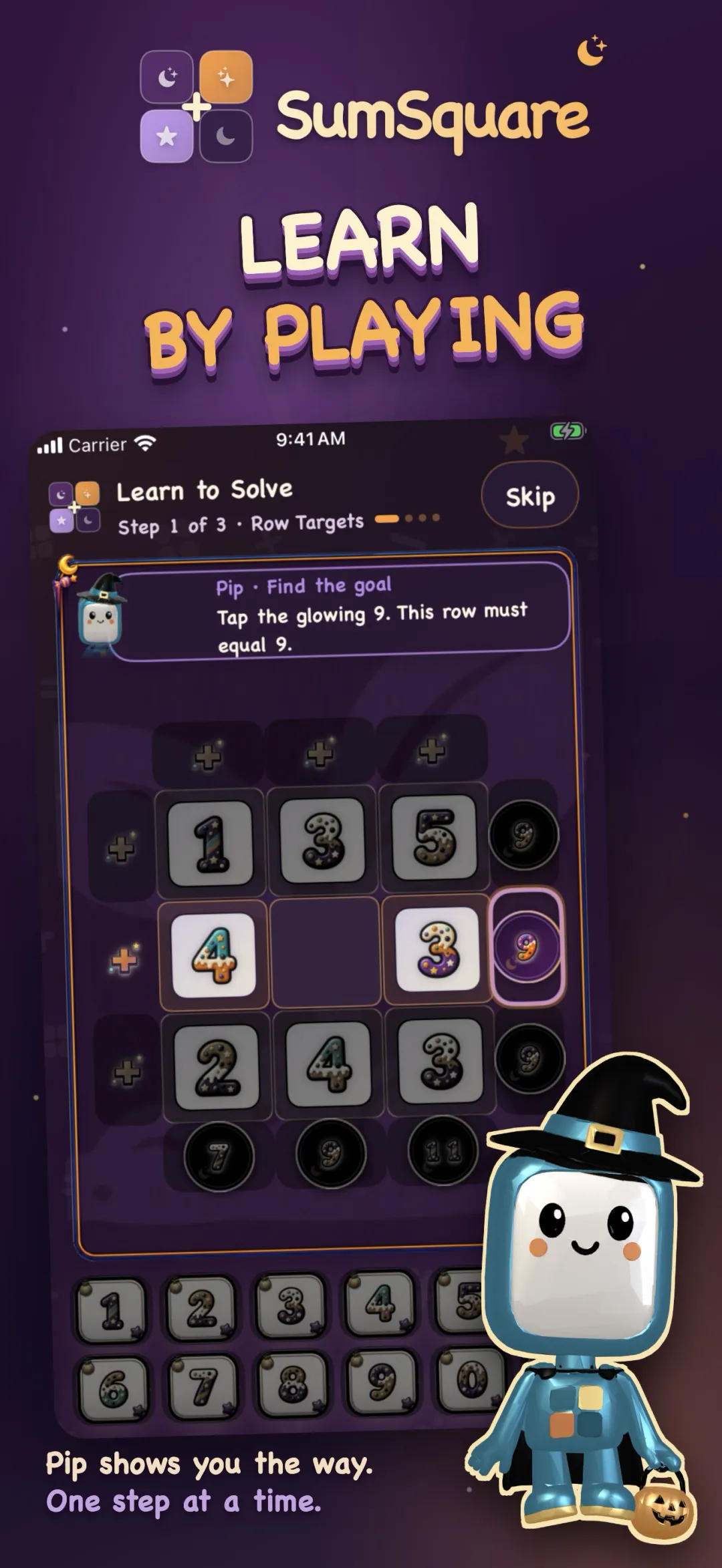 The interactive tutorial teaching how a row reaches its target by playing a square
