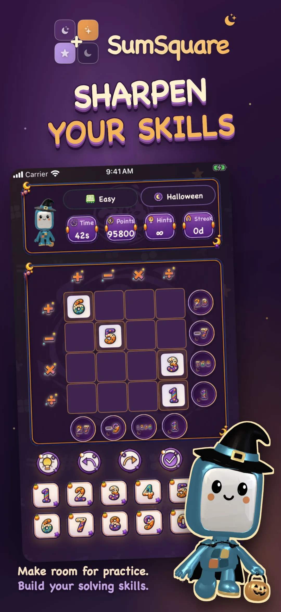 Practice mode, showing unlimited hints and no point drain