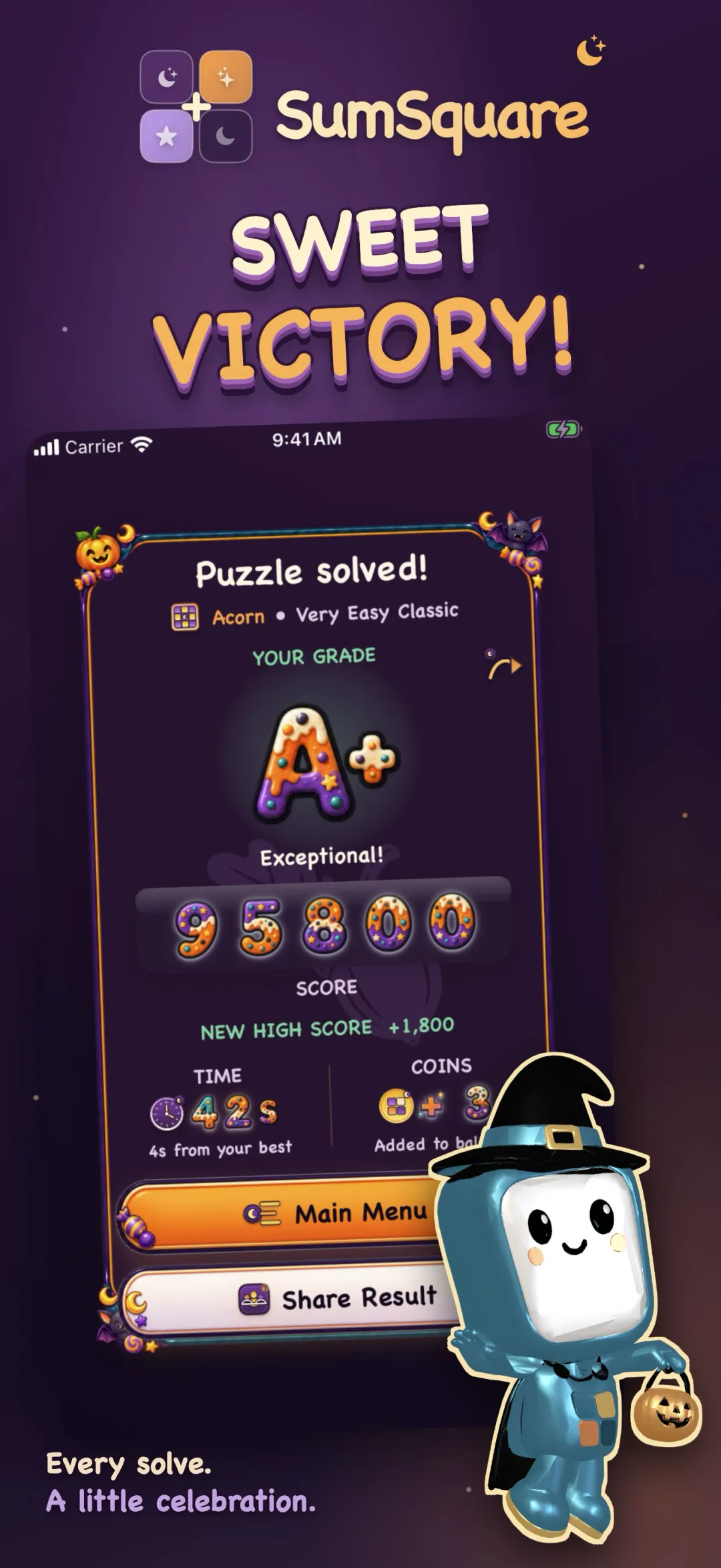 A finished puzzle with the score and streak