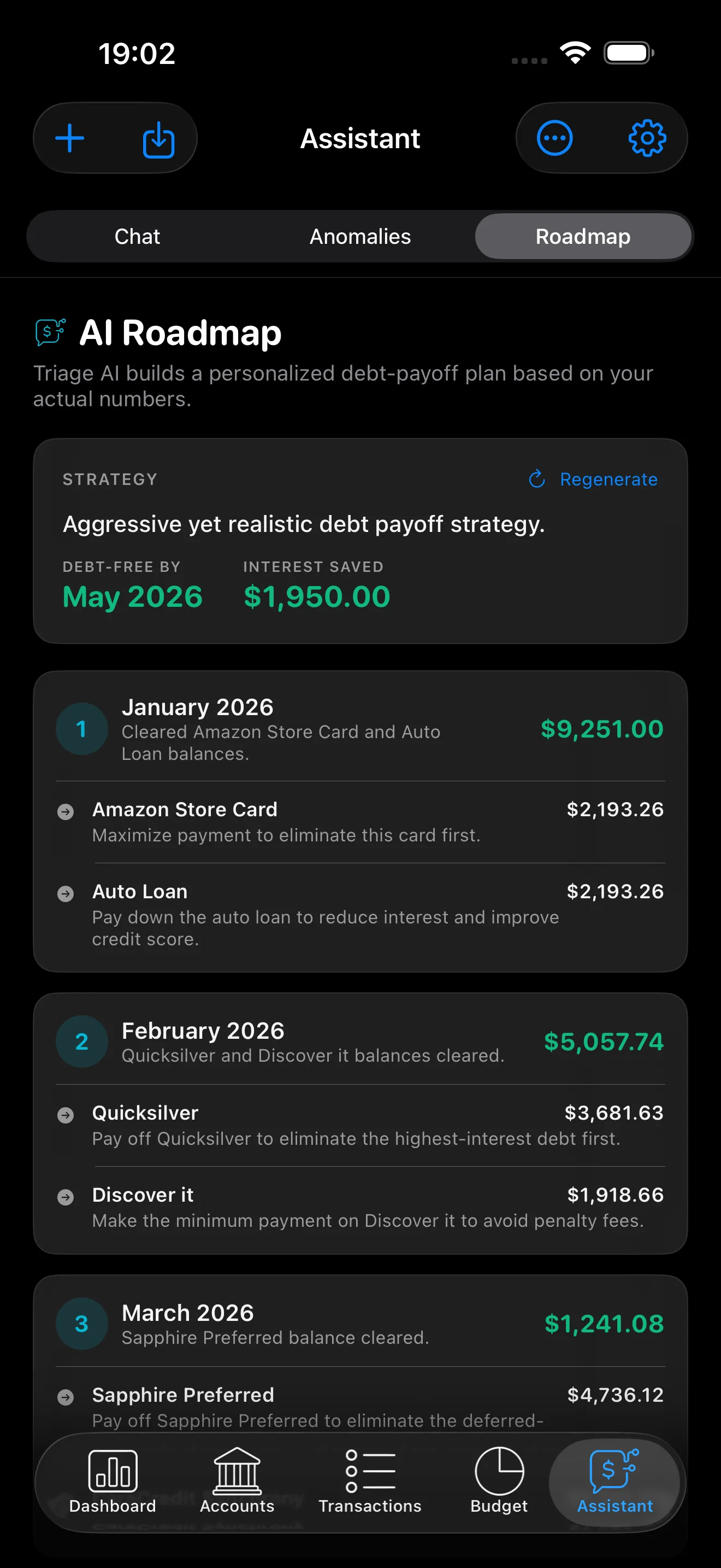 AI Roadmap on iPhone: month-by-month debt payoff plan