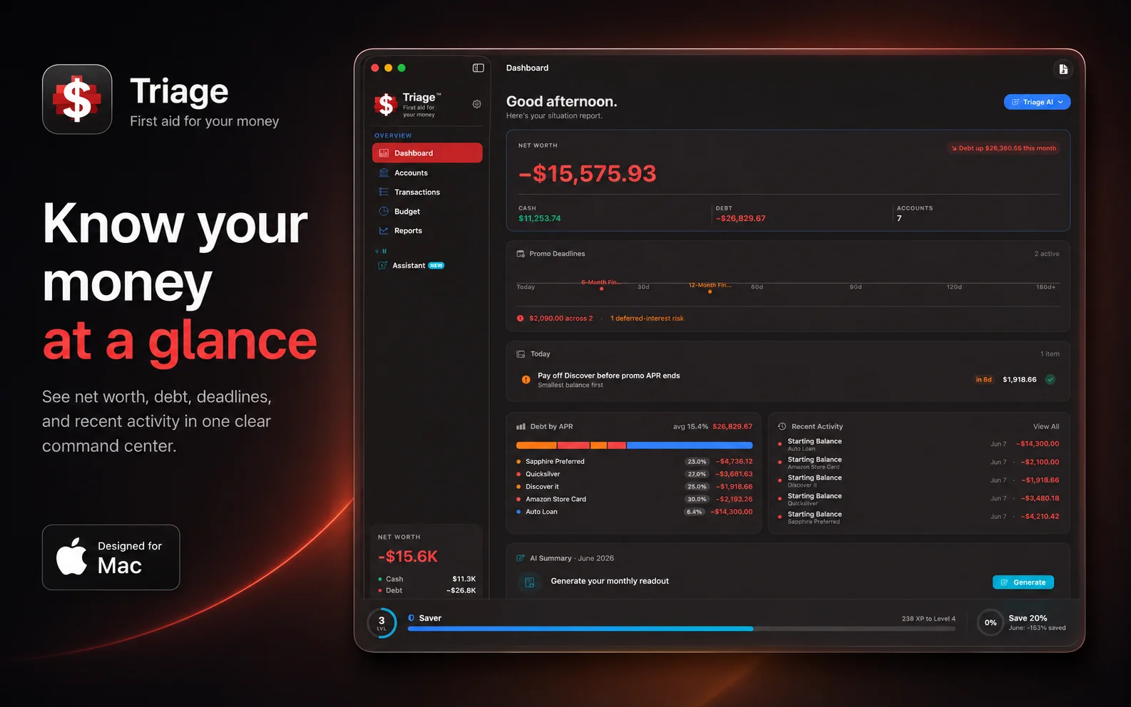 Triage dashboard: net worth, debt by APR, promo deadlines, today's tasks, and recent activity