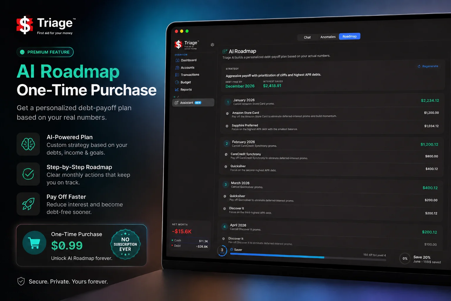 Triage AI roadmap, a one-time $0.99 purchase that builds a month-by-month debt payoff plan from your balances, APRs, and promo deadlines