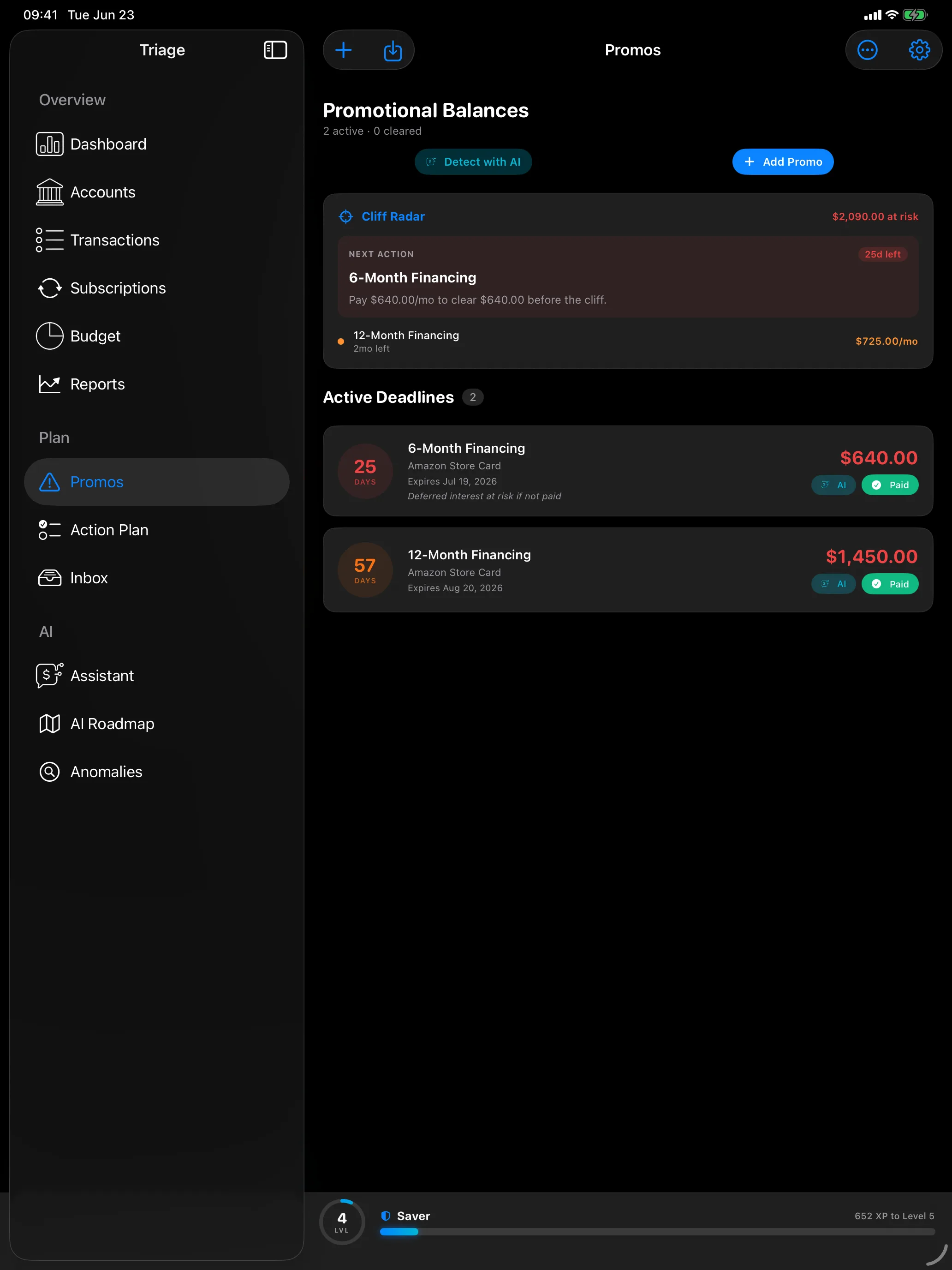Promotional balances on iPad: cliff radar ranking deferred-interest deadlines with the payment needed to clear each one
