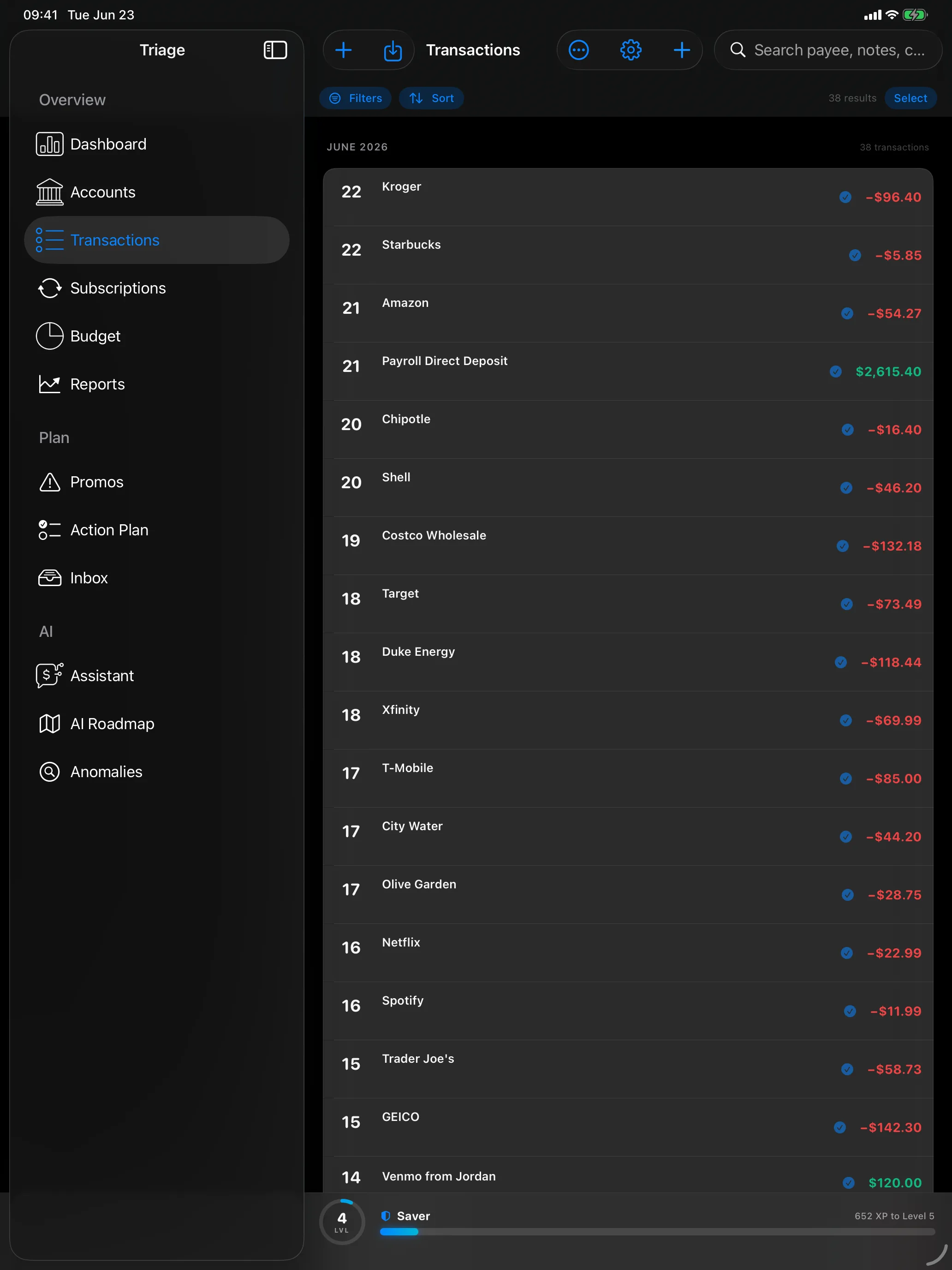 Transactions ledger on iPad