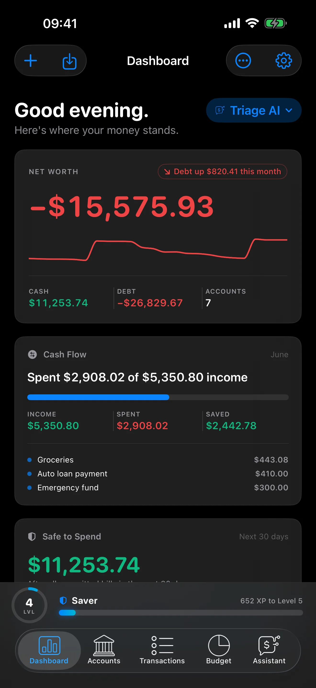 Triage dashboard on iPhone: net worth, cash flow for the month, and safe to spend for the next 30 days