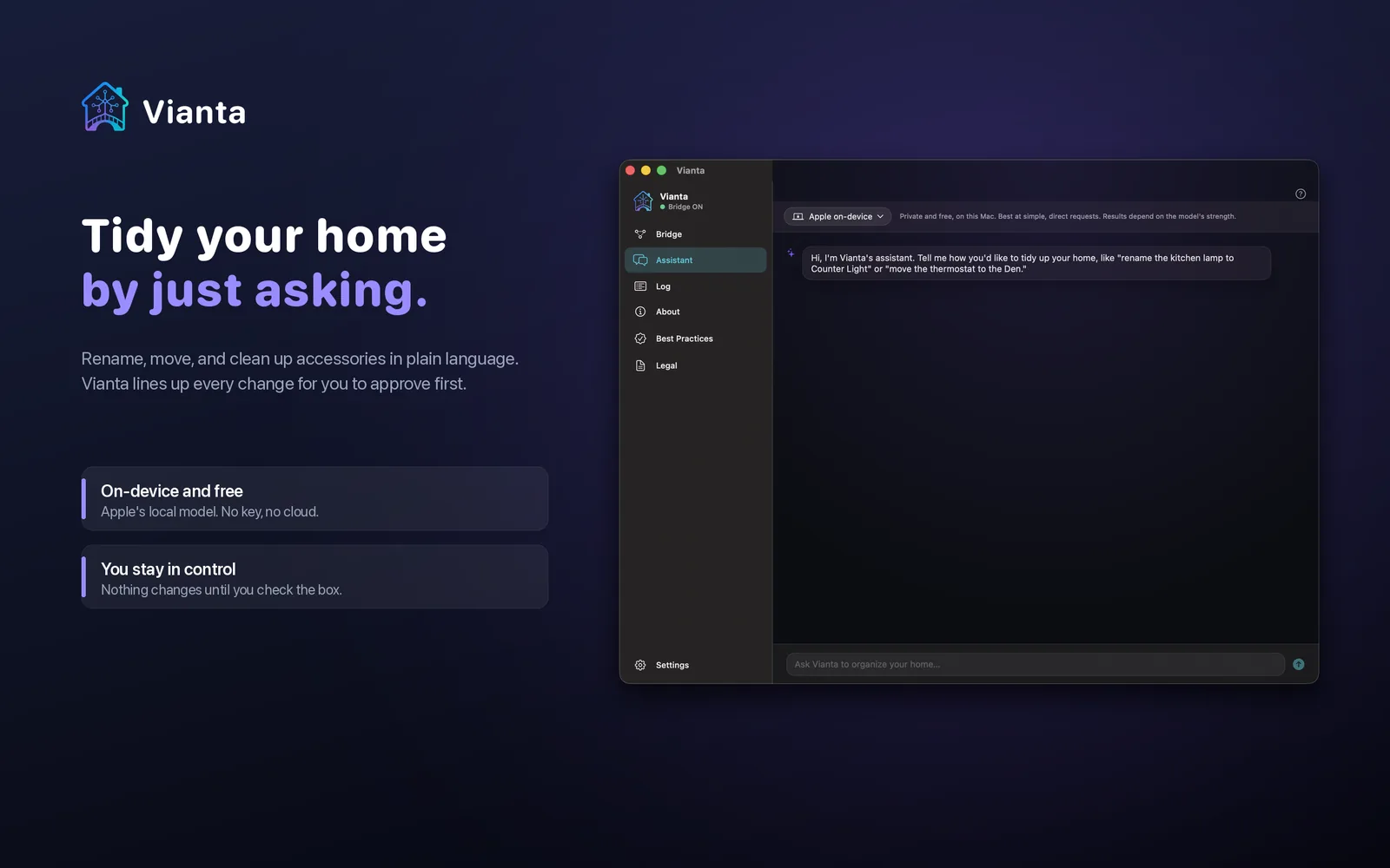 Vianta on macOS: tidy your home by just asking, with the on-device assistant