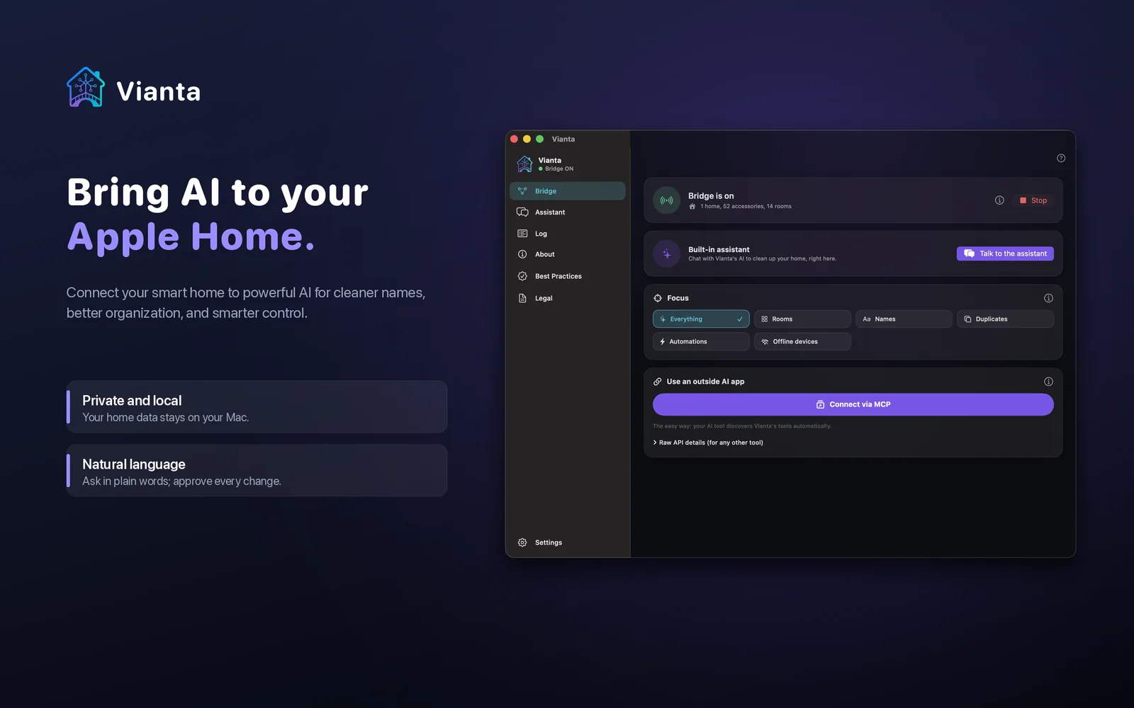 Vianta on macOS: bring AI to your Apple Home, shown with the bridge dashboard