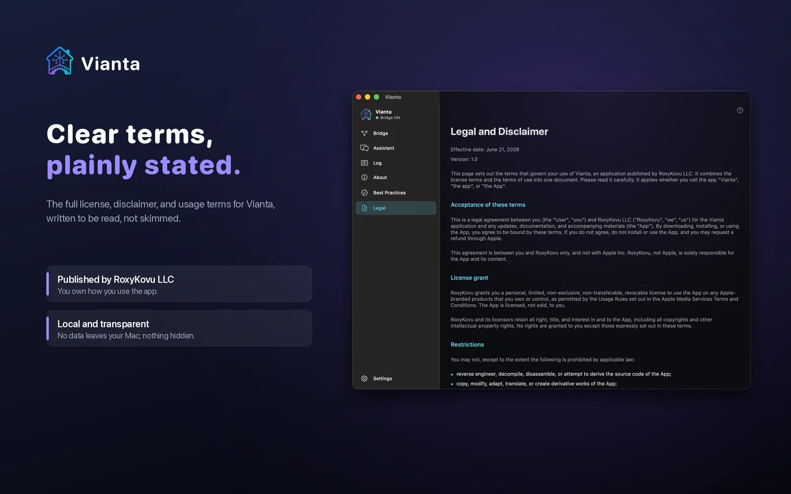 Vianta on macOS: clear terms and a local, transparent privacy posture