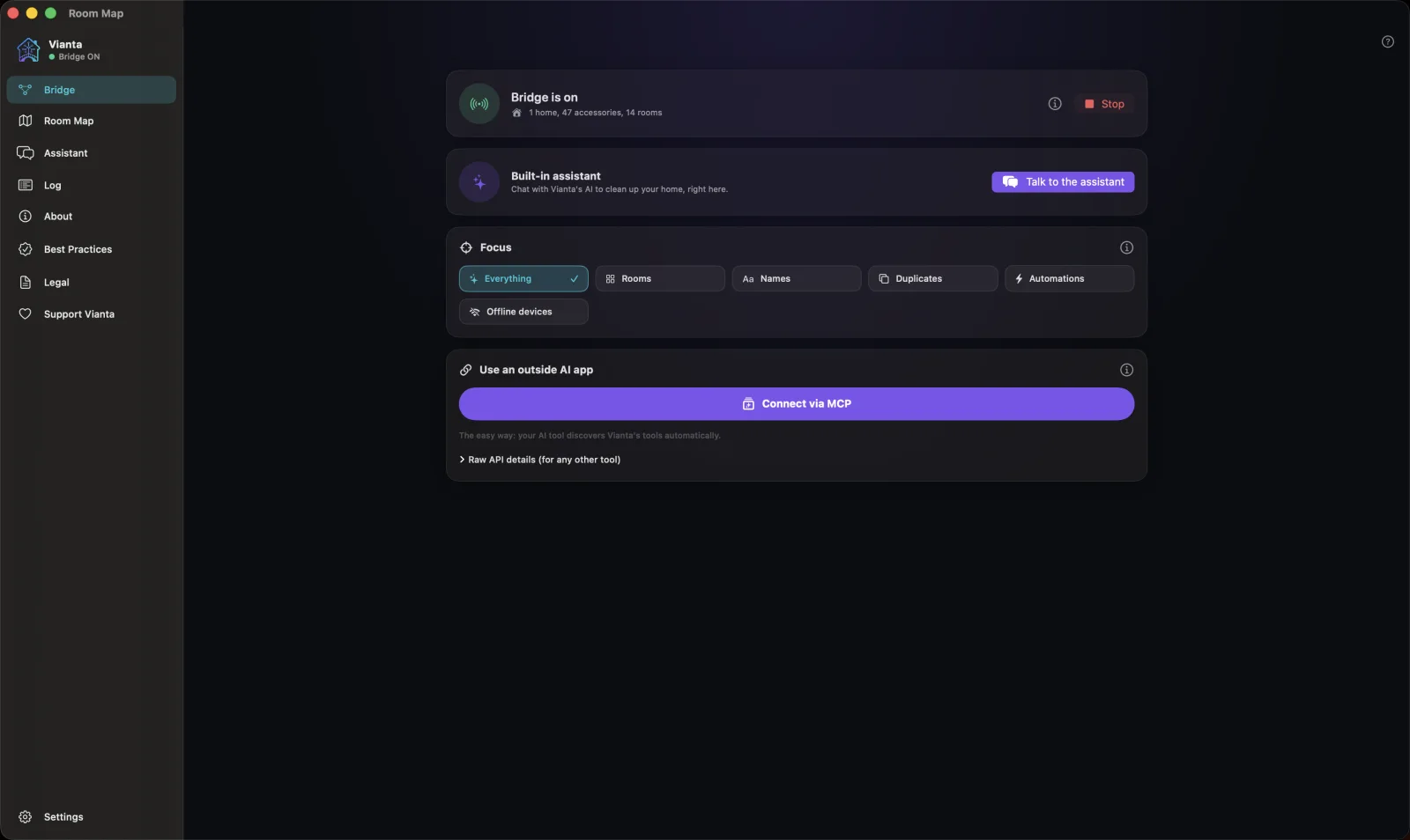 Vianta on macOS: bring AI to your Apple Home, shown with the bridge dashboard
