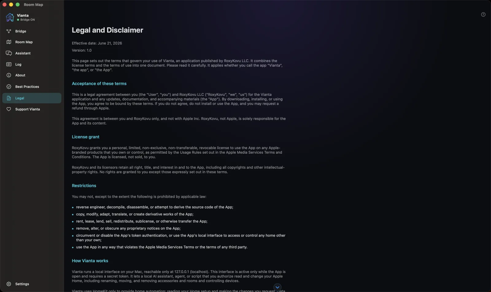 Vianta on macOS: clear terms and a local, transparent privacy posture